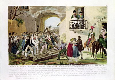 The Inhabitants Depositing the Gates of Grenoble at the Feet of the Emperor, 6th March 1815 (coloured engraving) by French School - print