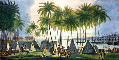 Port of Hanarourou in the Sandwich Islands, from 'Voyage Pittoresque autour du Monde', engraved by G. Langlume (fl.1822-40) 1822 (colour litho) by Ludwig Choris - print