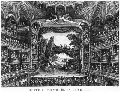 Second view of the Theatre de la Republique, plate 83 from volume IV of 'Voyage de France' (engraving) (b/w photo) by Francois Denis Nee - print