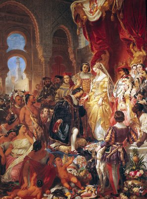 The Reception of Christopher Columbus (1450-1506) by Ferdinand II (1452-1516) of Aragon and Isabella (1451-1504) of Castille (oil on canvas) by Eugene Deveria - print