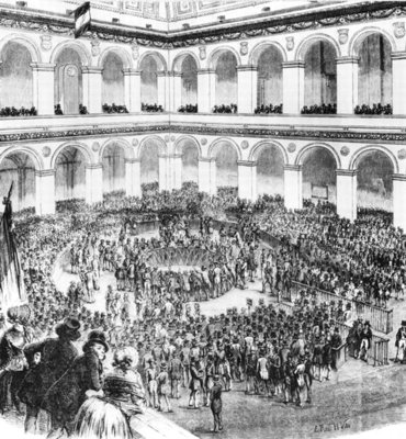 At the Paris Bourse, 1846 (engraving) (b/w photo) by French School - print