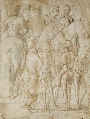 Group of Horsemen and Men Standing (pen &amp; ink and wash on paper) by Lorenzo Costa - print