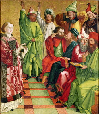 St. Stephen before the Judges, from the Altarpiece of St. Stephen, c.1470 (oil on panel) by Michael Pacher - print