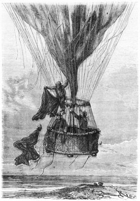 Three Men in a Gondola, illustration from 'Five Weeks in a Balloon' by Jules Verne (1828-1905) (engraving) (b/w photo) by Edouard Riou - print