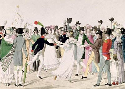 An Evening at the Tuileries in July 1815 (coloured engraving) by French School - print
