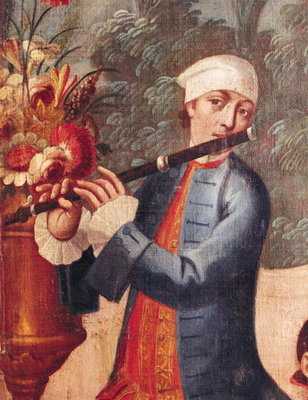 Fine Art Print of A Flautist, detail from a screen by Mexican School