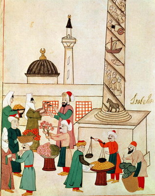 Ms 1671 A Bazaar in Istanbul, c.1580 (gouache on paper) by Islamic School - print