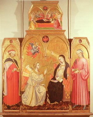 The Annunciation with St. Cosmas and St. Damian, 1409 (gold leaf &amp; tempera on panel) by Taddeo di Bartolo - print