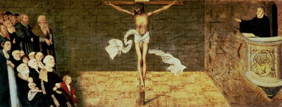 Martin Luther's Sermon, detail from a triptych, 1547 (oil on panel) by Lucas, the Elder Cranach - print