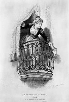 Rosine, illustration from Act I Scene 3 of 'The Barber of Seville' by Pierre Augustin Caron de Beaumarchais (1732-99) engraved by Fillet 1876 (engraving) (b/w photo) by Emile Antoine Bayard - print