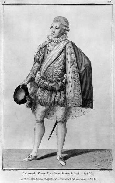 Count Almaviva, illustration from Act V of 'The Barber of Seville' by Pierre Augustin Caron de Beaumarchais (1732-99) engraved by Jean Victor Dupin (b.1718) (engraving) (b/w photo) by Claude Louis Desrais - print