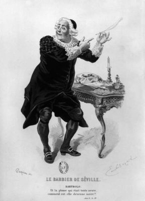 Bartholo, illustration from Act II Scene 11 of 'The Barber of Seville' by Pierre Augustin Caron de Beaumarchais (1732-99) engraved by Jean Paquin (19th century)) (engraving) (b/w photo) by Emile Antoine Bayard - print