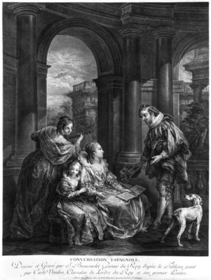 Spanish conversation, illustration from Act II Scene 4 of 'The Barber of Seville' by Pierre Augustin Caron de Beaumarchais (1732-99) engraved by Jacques Firmin Beauvarlet (1731-97) (engraving) (b/w photo) by Emile Antoine Bayard - print