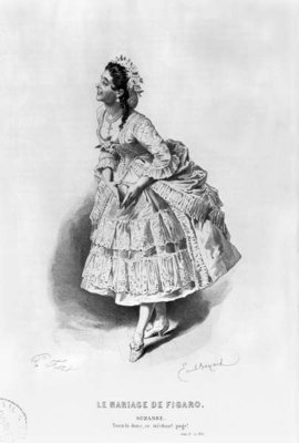 Suzanne, illustration from Act II Scene 17 of 'The Marriage of Figaro' by Pierre Augustin Caron de Beaumarchais (1732-99) engraved by Edouard Follet (19th century) (engraving) (b/w photo) by Emile Antoine Bayard - print