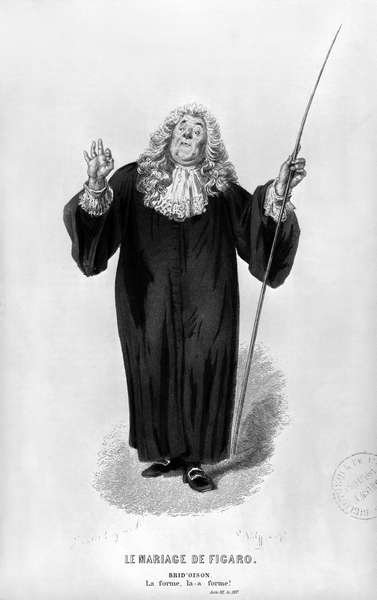 Brid'oison, illustration from Act III Scene 14 of 'The Marriage of Figaro' by Pierre Augustin Caron de Beaumarchais (1732-99) (engraving) (b/w photo) by Emile Antoine Bayard - print