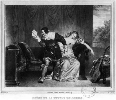 Scene of the cousin's letter, illustration from 'The Barber of Seville' by Pierre Augustin Caron de Beaumarchais (1732-99) engraved by Alfred Leon Lemercier (19th century) (litho) (b/w photo) by Theophile Evariste Fragonard - print