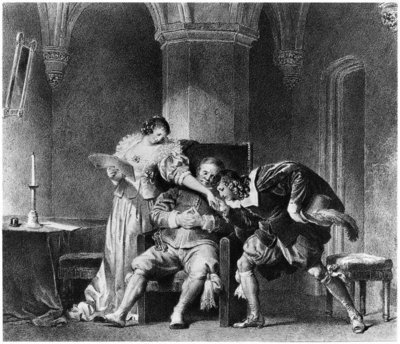 Rosine, Bartholo, Count Almaviva, illustration from 'The Barber of Seville' by Pierre Augustin Caron de Beaumarchais (1732-99) (litho) (b/w photo) by Alfred Leon Lemercier - print