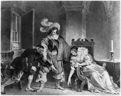 Lindor's letter, illustration from 'The Barber of Seville' by Pierre Augustin Caron de Beaumarchais (1732-99) (litho) (b/w photo) by Alfred Leon Lemercier - print