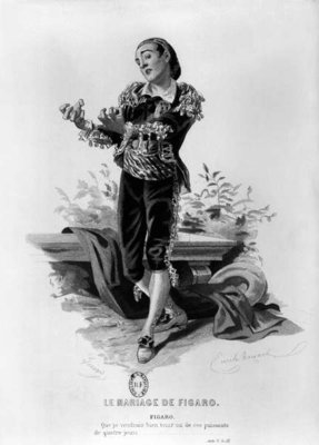 Figaro, illustration from Act V Scene 3 of 'The Marriage of Figaro' by Pierre Augustin Caron de Beaumarchais (1732-99) engraved by Eugene Gervais (19th century) (engraving) (b/w photo) by Emile Antoine Bayard - print