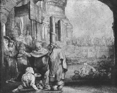 St. Peter and St. John at the Entrance to the Temple, 1649 (etching) (b/w photo) by Rembrandt Harmensz. van Rijn - print