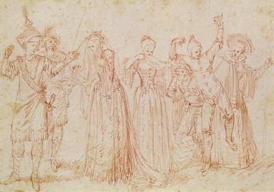 Group of Comic and Tragic Actors (pen &amp; ink on paper) by Jean Antoine Watteau - print
