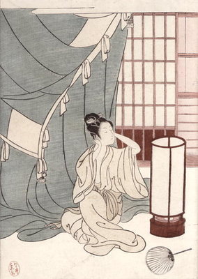 Young woman kneeling by her mosquito net, 1766 (colour woodblock print) by Suzuki Harunobu - print