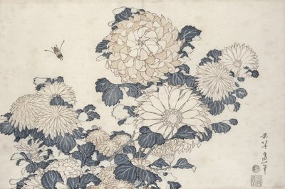Bee and chrysanthemums, from the series 'Big Flowers' (colour woodblock print) by Katsushika Hokusai - print