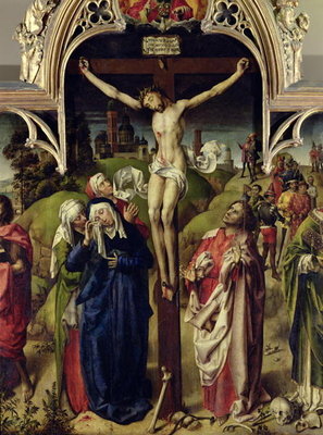 Christ on the Cross, the Holy Women and St. John the Evangelist, from the Altarpiece of the Parlement de Paris (oil on panel) by French School - print