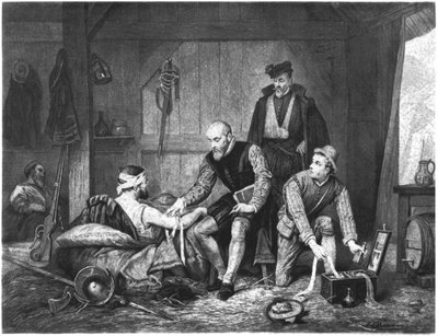 Ambroise Pare treating wounded soldiers (engraving) (b/w photo) by Edouard Jean Conrad Hamman - print