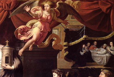 Ex-Voto to the Illness of Louis XIV (1638-1715) in Calais, July 1658, detail of an angel and Louis in his deathbed (oil on canvas) by Nicolas Mignard - print