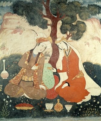 Scene galante from the era of Shah Abbas I, 1585-1627 (fresco) (detail) by Persian School - print