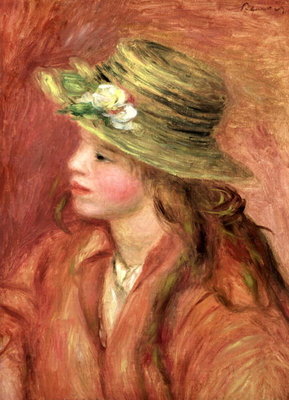 Young Girl in a Straw Hat, c.1908 (oil on canvas) by Pierre Auguste Renoir - print