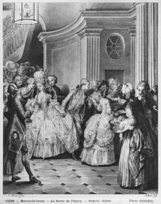 Fine Art Print of Coming out of the Opera, engraved by Georges Malbeste or Malbete by Jean Michel the Younger Moreau