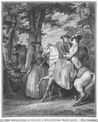 Fine Art Print of The meeting at the Bois de Boulogne, engraved by Heinrich Guttenberg by Jean Michel the Younger Moreau