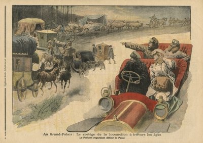 Fine Art Print of At the Grand Palais, history of locomotion throughout the ages, illustration from 'Le Petit Journal', supplement illustre, 22nd December 1907 by French School