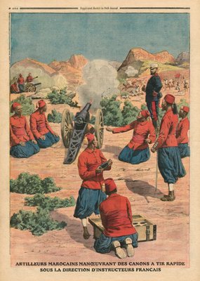 Fine Art Print of Moroccan artillerymen using cannons under the command of French instructors, illustration from 'Le Petit Journal', supplement illustre, 26th March 1911 by French School