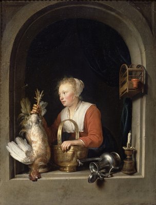The Dutch Housewife or, The Woman Hanging a Cockerel in the Window, 1650 (oil on panel) by Gerrit or Gerard Dou - print
