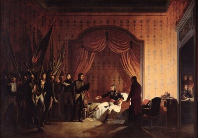 General Bonaparte Receiving Captured Austro-Sardinian Flags at Millesimo after the Battle of Montenotte on the 13th April 1796 (oil on canvas) by Adolphe Roehn - print