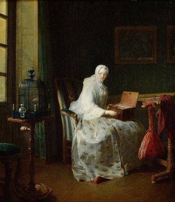The Bird Organ or A Woman Varying Her Pleasures, 1751 (oil on canvas) by Jean-Baptiste Simeon Chardin - print
