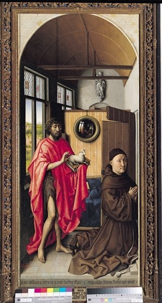 St. John the Baptist and the Donor, Heinrich Von Werl from the Werl Altarpiece, 1438 (oil on panel) (see also 161980) by Master of Flemalle - print