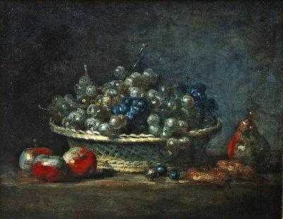 Fine Art Print of Still life: grape basket with three apples, a pears and two marzipans, 1764 by Jean-Baptiste Simeon Chardin