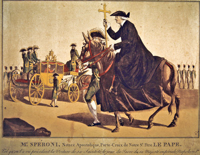 Fine Art Print of Monsignor Speroni carrying the papal cross, precedes Pope Pius VII on their way to Notre-Dame Cathedral, Paris, for the coronation of Emperor Napoleon and Empress Josephine on 3 November 1804 by French School