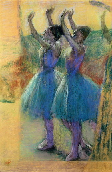 Two Blue Dancers (pastel on paper) by Edgar Degas - print