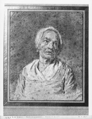 Bust of an old woman with head raised (pierre noire &amp; white highlights on grey paper) by Nicolas-Bernard Lepicie - print