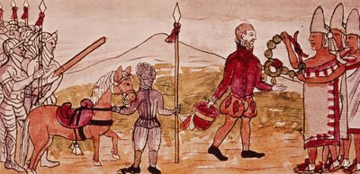 Fol.208v Meeting of Hernando Cortes (1485-1547) and Montezuma (1466-1520), miniature from the 'History of the Indians' by Diego Duran, 1579 (vellum) (detail of 227180) by Diego Duran - print