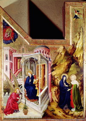 Altarpiece of the Chartreuse de Champmol, left hand side depicting the Annunciation and the Visitation, c.1393-99 (oil on panel) by Melchoir Broederlam - print