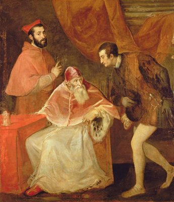Pope Paul III (1468-1549) and his Nephews, 1545 (oil on canvas) by Titian - print