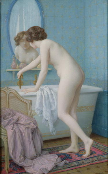 Young Woman Preparing her Bath (pastel on paper) by Jules Scalbert - print