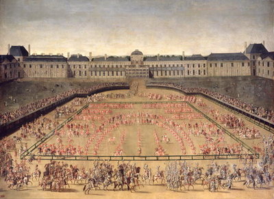 Carousel given for Louis XIV in the Court of the Palace of the Tuileries, 5th June 1662 (oil on canvas) by French School - print