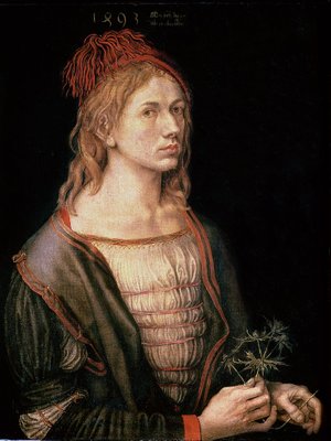 Self Portrait with a Thistle, 1493 (oil on vellum) by Albrecht Durer or Duerer - print